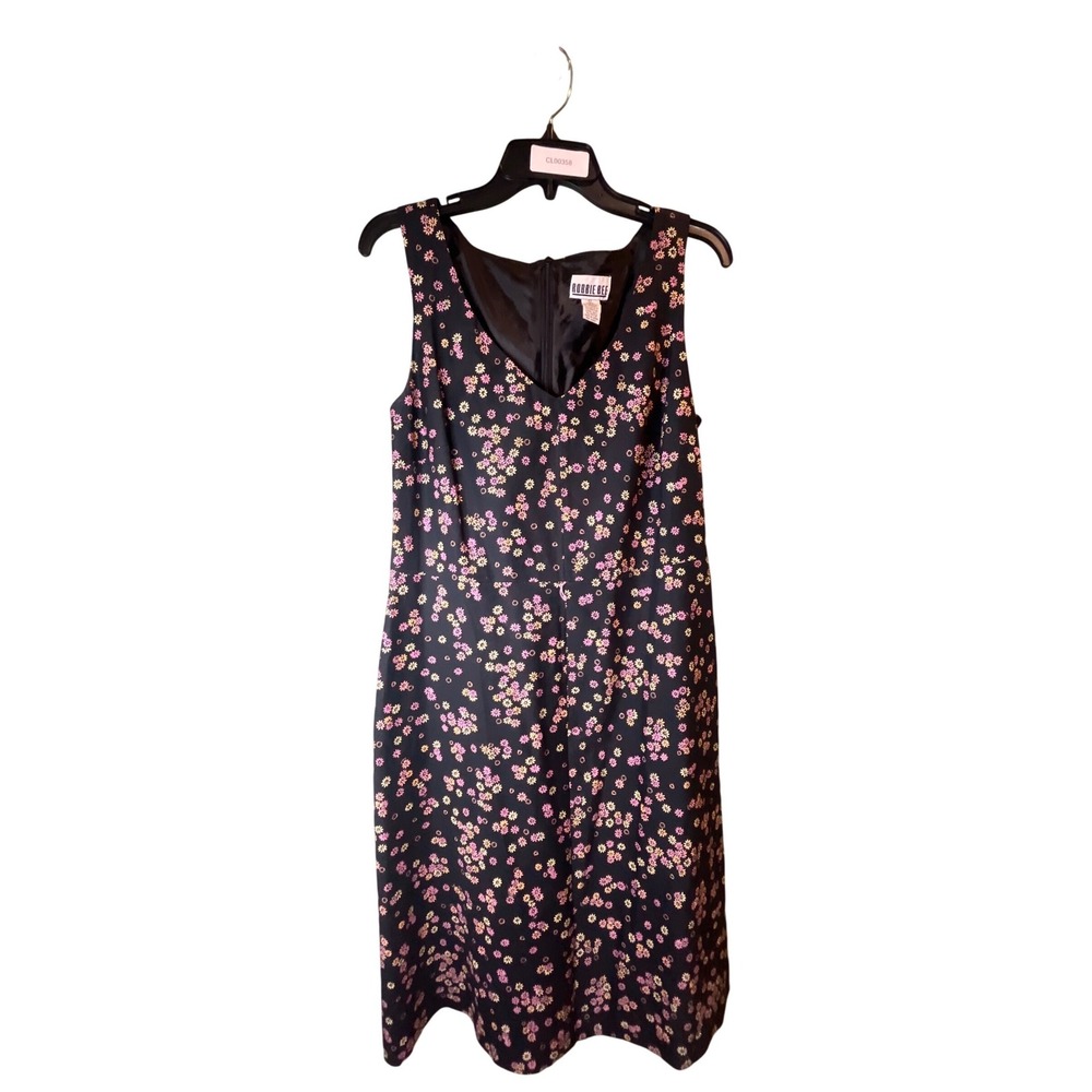 Robbie Bee Womens Black Pink Floral Daisy V-Neck Sleeveless Midi Dress Size 12
